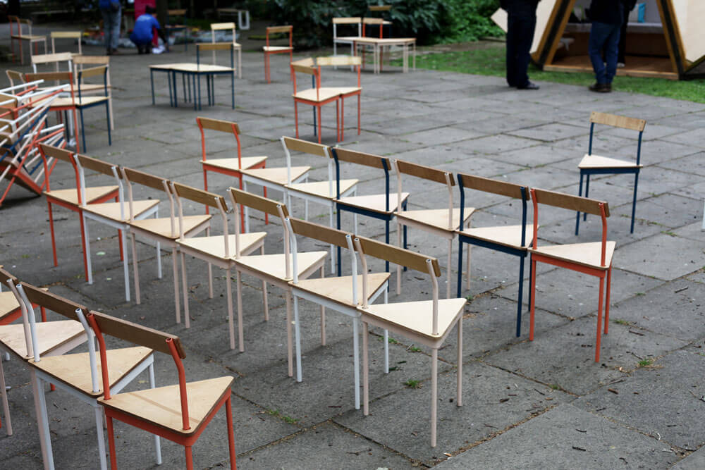CNC cut Birch Plywood and Steel Chairs designed by Assemble Studio for Clerkenwell Design Week